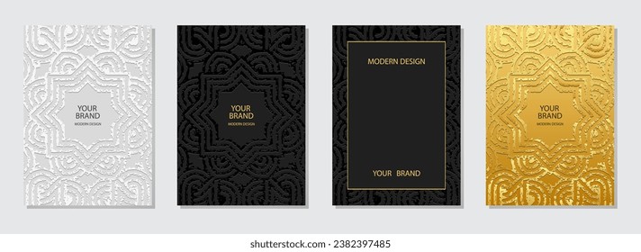 Conjunto de portadas, plantillas verticales. Colección de fondos geométricos únicos en relieve con un patrón étnico 3D, textura dorada. Boho, ornamentos tribales de Oriente, Asia, India, África, México, Azteca