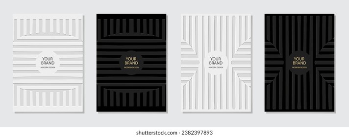 Set of covers, vertical templates. A collection of artistic relief geometric backgrounds with ethnic 3D line patterns. Boho, tribal ornaments of the East, Asia, India, Africa, Mexico, Aztec, Peru.