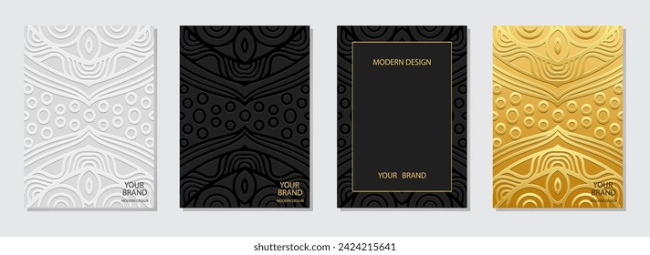 Cover-Set, vertikale Vorlagen. Eine Sammlung von Reliefs, geometrischen Hintergründen mit ethnisch dekorativen 3D-Mustern. Vintage Kreativität aus Ost, Asien, Indien, Mexiko, Aztec, Peru in handgefertigtem Stil.