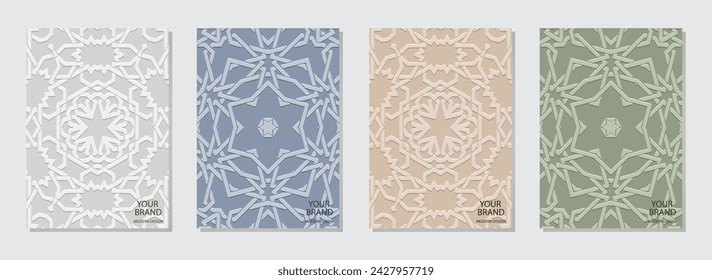 Set of covers, vertical templates. A collection of relief, geometric backgrounds with an ethnic linear 3D pattern in pastel colors, handmade. Creativity of the East, Asia, India, Mexico, Aztec, Peru.