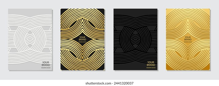 Set of covers, vertical templates. Collection of relief, geometric backgrounds with ethnic linear gold 3D pattern. Doodling, handmade, boho. Exotic of the East, Asia, India, Mexico, Aztec, Peru.
