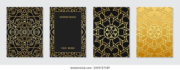 Juego de fundas, Plantillas de Vertical. Una colección de relieve, fondos geométricos con patrones 3D de oro étnico, con adornos hechos a mano. Motivos culturales boho de Oriente, Asia, India, México, Azteca