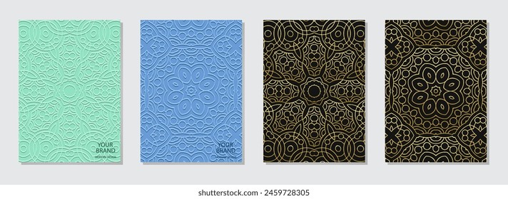Juego de fundas, Plantillas de Vertical. Una colección de relieve, fondos geométricos con patrones artísticos étnicos en 3D, con adornos hechos a mano. Motivos culturales boho de Oriente, Asia, India, México, Azteca