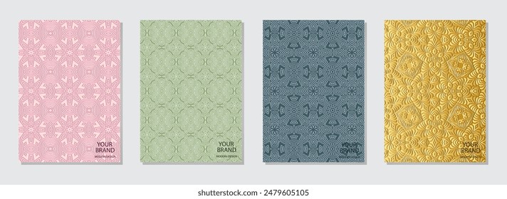 Set of covers, vertical templates. A collection of relief, geometric backgrounds with an original 3D pattern, exotic. Ethnic ornaments, handmade creativity of the East, Asia, India, Mexico, Aztec