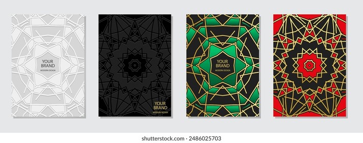 Set of covers, vertical templates. A collection of relief, geometric backgrounds with abstract 3D patterns. Ethnic ornaments, arabesques, mandala, logo. Motifs of the East, Asia, India, Mexico, Aztec,