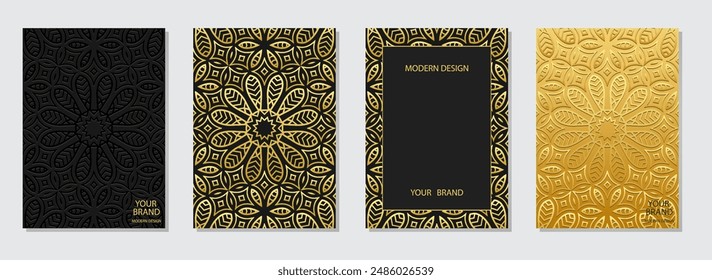 Set of covers, vertical templates. A collection of relief, geometric backgrounds with decorative 3D patterns. Ethnic ornaments, arabesques, mandala, logo. Motifs of the East, Asia, India, Mexico