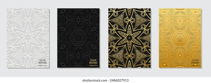 Set of covers, vertical templates. A collection of embossed, geometric backgrounds with creative 3D patterns. Ethnic ornaments, arabesques, mandala, logo. Motifs of the East, Asia, India, Mexico