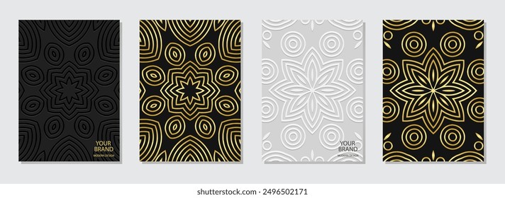 Set of covers, vertical templates. Collection of relief, geometric vintage backgrounds with 3D pattern, embossing. Ethnic ornaments, arabesques, mandala. Motifs of the East, Asia, India, Mexico, Aztec