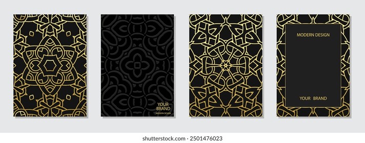 Conjunto de cubiertas, Plantillas de Vertical. Colección de relieve, fondos geométricos con patrones 3D, relieve. Adornos de oro, mandala, logo. Motivos étnicos de Oriente, Asia, India, México, Azteca, Perú.