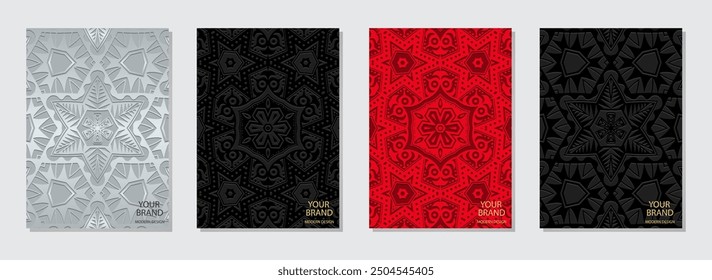 Set of covers, vertical templates. Collection of relief, geometric vintage backgrounds with 3D pattern, embossing. Ornaments, mandala, logo. Decorative ethnic group of the East, Asia, India, Mexico
