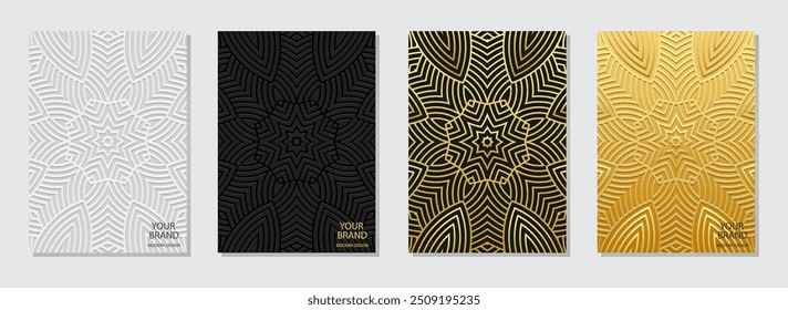 Set of covers, vertical templates. Collection of relief, geometric backgrounds with ornamental 3D pattern, embossing. Handmade, mandala, logo. Ethnicity of the East, Asia, India, Mexico, Aztec, Peru.