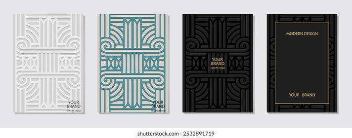 Set of covers, vertical templates. Collection of relief, geometric backgrounds with a unique 3D pattern, embossing. Handmade, mandala, logo. Ornamental ethnicity of the East, Asia, India, Mexico.