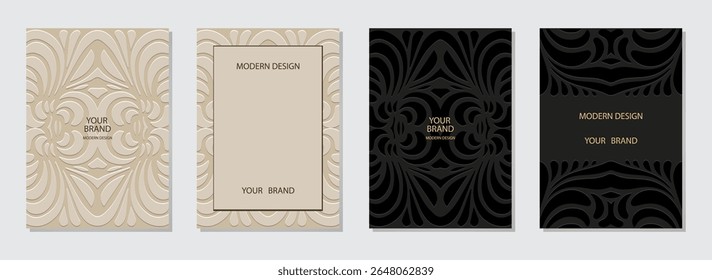 Set of covers, vertical templates. Collection of geometric backgrounds with ethnic artistic pattern. Mandala, arabesques, logo. Embossed 3D ornaments, handmade style of the East, Asia, India, Mexico.