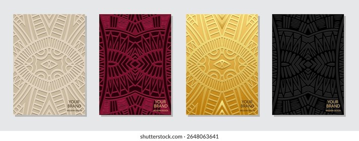 Satz von Abdeckungen, vertikalen Vorlagen. Sammlung geometrischer Hintergründe mit ethnisch-exotischem Muster. Mandala, Arabesken, Logo. Prägte 3D-Ornamente, handgemachte Stil des Ostens, Asien, Indien, Mexiko.