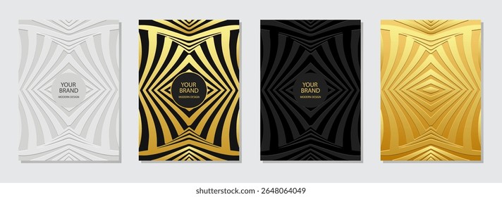 Set of covers, vertical templates. Collection of geometric backgrounds with ethnic linear pattern. Mandala, arabesques, logo. Embossed 3D ornaments, handmade style of the East, Asia, India, Mexico.