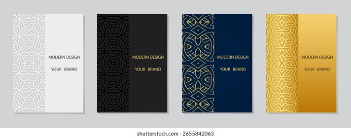 Set of covers, vertical templates. Collection of geometric backgrounds with ethnic stylish pattern. Mandala, arabesques, logo. Relief 3D ornaments, motives of the East, Asia, India, Mexico, Aztec.