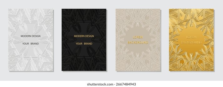 Satz von Abdeckungen, vertikalen Vorlagen. Sammlung von geometrischen Hintergründen mit abstraktem Stammesmuster. Mandala, Arabesken, Logo. Prägte 3D-Ornamente, ethnische Zugehörigkeit des Ostens, Asiens, Indiens, Mexikos, Azteken