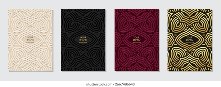 Conjunto de cubiertas, Plantillas de Vertical. Colección de fondos geométricos con patrón tribal exótico. Mandala, arabescos, logo. Ornamentos 3D en relieve, etnia del este, Asia, India, México, azteca, 