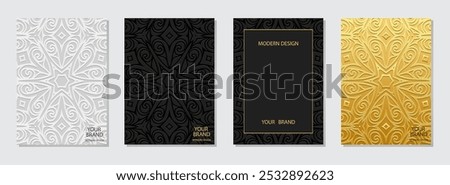 Set of covers, vertical templates. Collection of relief, geometric backgrounds with elegant 3D pattern, embossing. Handmade, mandala, logo. Ornamental ethnicity of the East, Asia, India, Mexico, Aztec