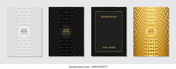 Conjunto de portadas, plantillas verticales. Colección decorativa de fondos geométricos en relieve con un patrón 3D de oro étnico en estilo artesanal. Boho, ornamentos de Oriente, Asia, India, África, México