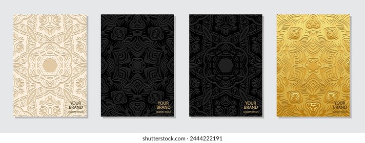 Set of covers, vertical templates. Decorative collection of relief, geometric backgrounds with ethnic 3D patterns. Doodling, handmade, boho. Vintage exoticism of the East, Asia, India, Mexico, Aztec