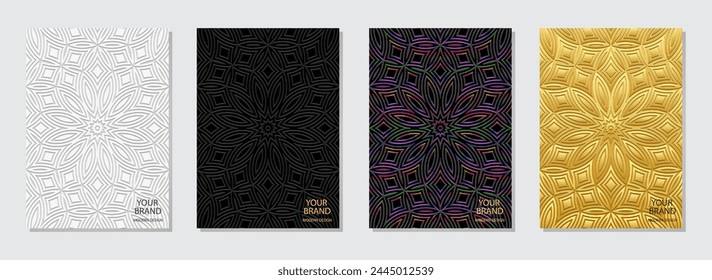 Set of covers, vertical templates. Decorative collection of raised, geometric backgrounds with tribal 3D pattern. Doodling, handmade, boho. Vintage ethnicity of the East, Asia, India, Mexico, Aztec