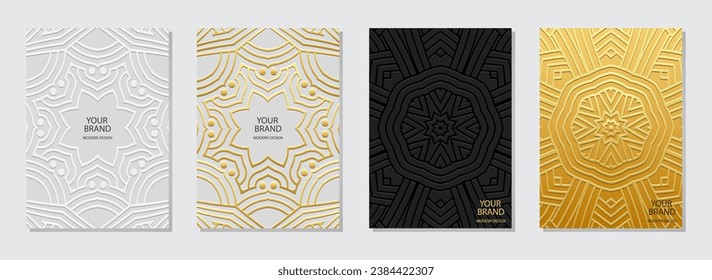 Set of covers, vertical templates. Elegant collection of embossed geometric backgrounds with ethnic 3D pattern, golden texture. Unique boho style, ornaments of the East, Asia, India, Africa, Mexico