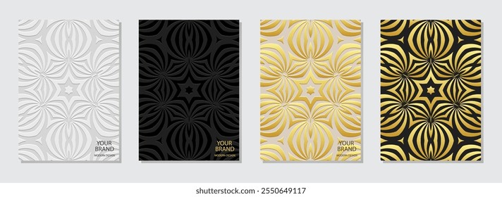 Set of covers, vertical templates. Festive collection of relief, geometric backgrounds with 3D patterns, embossing. Handmade, mandala, logo. Ornamental ethnicity of the East, Asia, India, Mexico