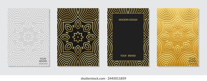 A set of covers, vertical templates. An original collection of embossed, geometric backgrounds with a tribal 3D pattern. Doodling, handmade, boho. Vintage ethnicity of the East, Asia, India, Mexico