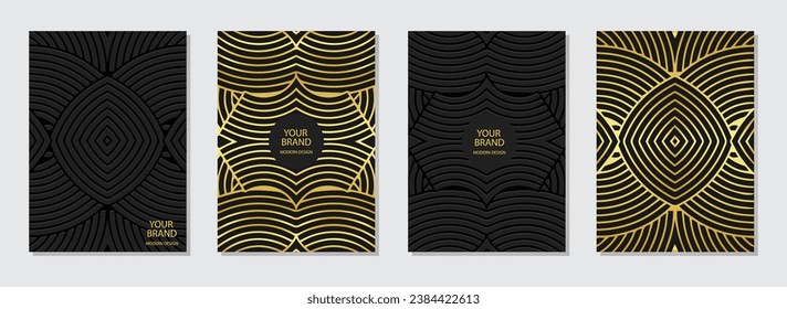 Conjunto de portadas, plantillas verticales. Colección elegante de fondos geométricos en relieve con un patrón étnico 3D, textura dorada. Estilo boho único, adornos de Oriente, Asia, India, África, México