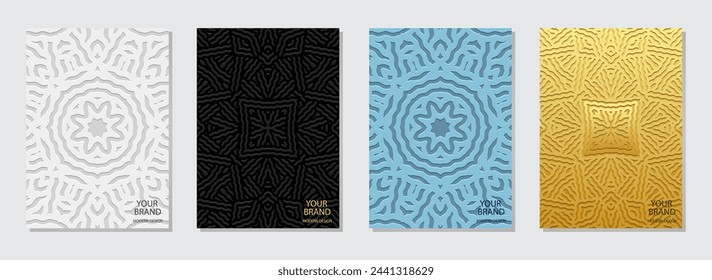 Set of covers, vertical templates. Stylish collection of embossed, geometric backgrounds with ethnic gold 3D pattern. Doodling, handmade, boho. Exotic of the East, Asia, India, Mexico, Aztec, Peru.