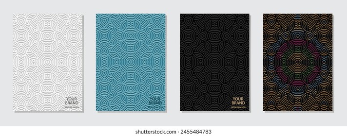 Set of covers, vertical unique templates. A collection of relief, geometric backgrounds with ethnic linear 3D patterns, with handmade ornaments. Boho motifs of the East, Asia, India, Mexico, Aztec
