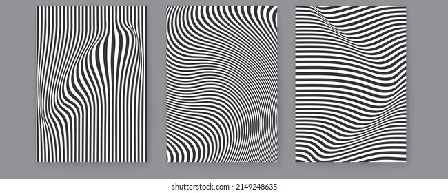 Set of covers with wavy lines. Abstract minimalistic patterns on posters. Black and white pattern. Vector 3d illustration