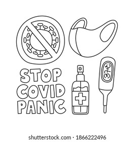 set of covid doodle line in white background vector illustration design
