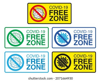 Set of Covid free zone signs. An information banner for greeting customers, business, opening a store, cafe, shops, restaurants. Sign for public places COVID-19 free zones and disinfect areas. Vector 