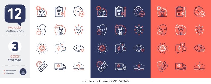 Set of Covid test, Myopia and Ambulance emergency line icons. Include Coronavirus, Coronavirus protection, Stress icons. Quarantine, Face biometrics, Clean skin web elements. Vector