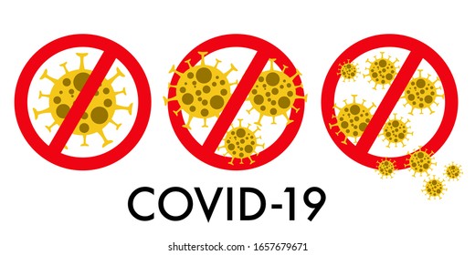 Set COVID-19, Coronavirus,2019-nCoV, Bacteria yellow color with red stop sign on white background, isolated, vector illustration