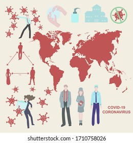 Set of covid-19 graphic, infographic, protection, world map, man and women