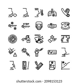 Set of COVID-19 Omicron variant line icons. Contains such icons as symptoms, prevention, Antigen test kit, certification, the increased graph of new variant.   
Editable Stroke. 48x48 Pixel Perfect. 