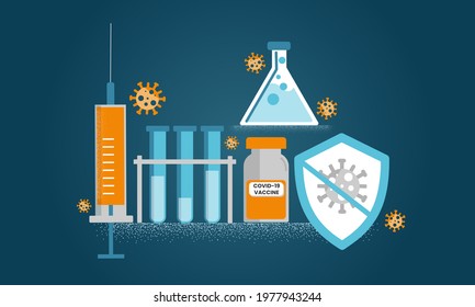 Set of Covid-19 prevention elements. Large syringe, test flasks, tube, protective shield, and vaccine bottle. Fight coronavirus, immunization concept. 
