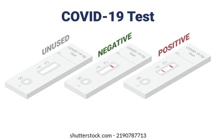 Set of COVID-19 rapid test kit showing different results isometric flat design clipart. Antigen detection kit 1 stripe, 2 stripes result isometric vector illustration. SARS-COV-2 self test kit cartoon