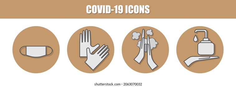 Conjunto de iconos de recomendaciones covid-19. Usar máscara, guantes, lavarse las manos, desinfectar