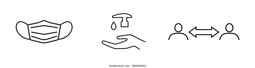 Set of Covid-19 related line icons. Protective face mask, hand sanitizer and social distancing. Vector Illustration