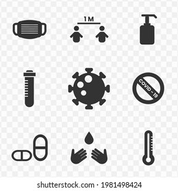 Set of covid-19 simple vector icons in dark color and transparent background(png). Vector illustration.