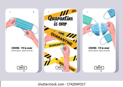 set covid-19 virus pandemia se pasa de la cuarentena de coronavirus terminar la colección de pantallas de smartphone copia de aplicaciones móvil espacio horizontal vector ilustración