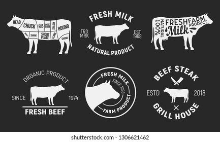 Set of Cow and Beef logos. Cow silhouettes isolated on black background. Cow meat cuts diagram. Vector emblems