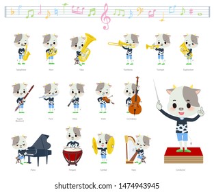 A set of cow boy on classical music performances.There are actions to play various instruments such as string instruments and wind instruments.It's vector art so it's easy to edit.
