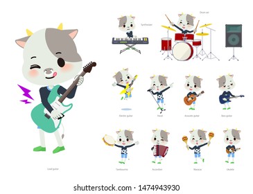 A set of cow boy playing rock 'n' roll and pop music.There are also various instruments such as ukulele and tambourine.It's vector art so it's easy to edit.
