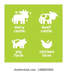 Set of cow, bull, pig and chicken icons. Dairy and beef cattle, pig and chicken farm logos. Livestock symbols on green background.