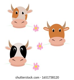 Establecer estilo de dibujos animados de vaca. Imagen vectorial Composición colorida y divertida.